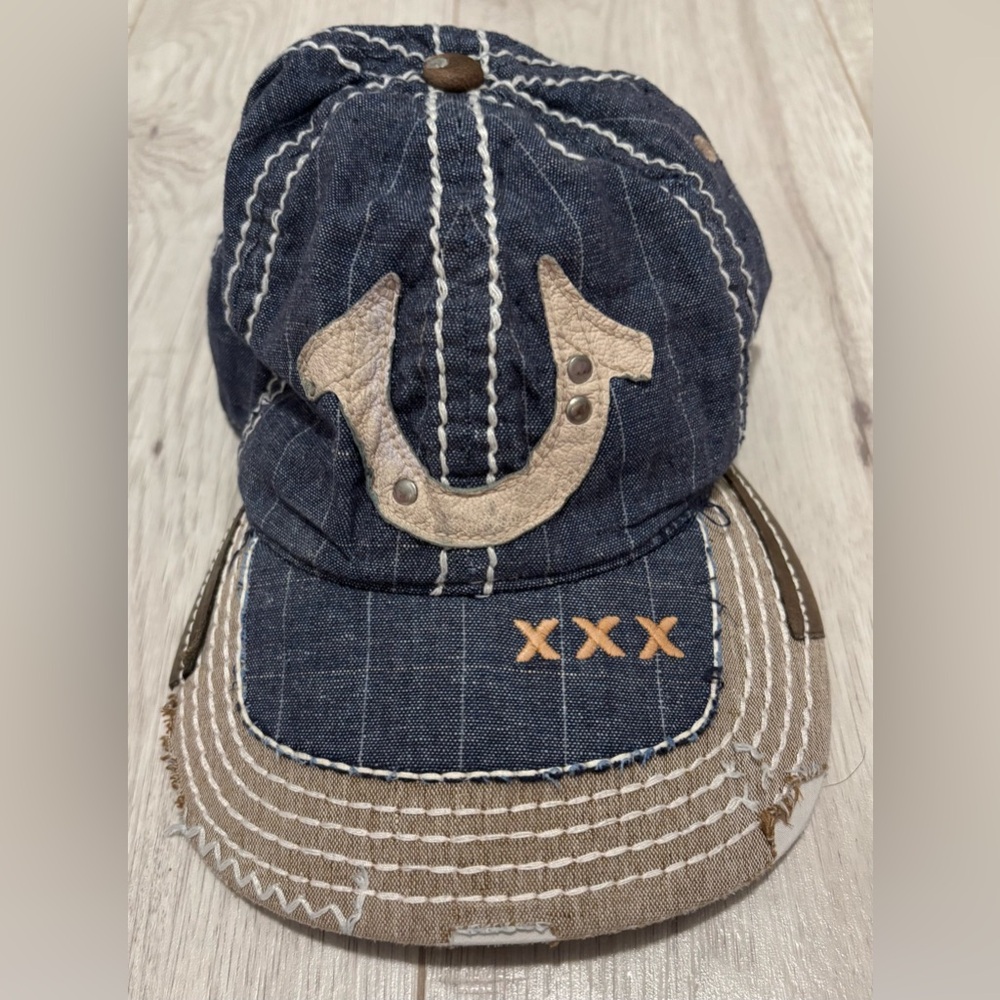 TRUE RELIGION Distressed Blue Denim Hat Baseball Cap w/Embroidery & Leather Logo